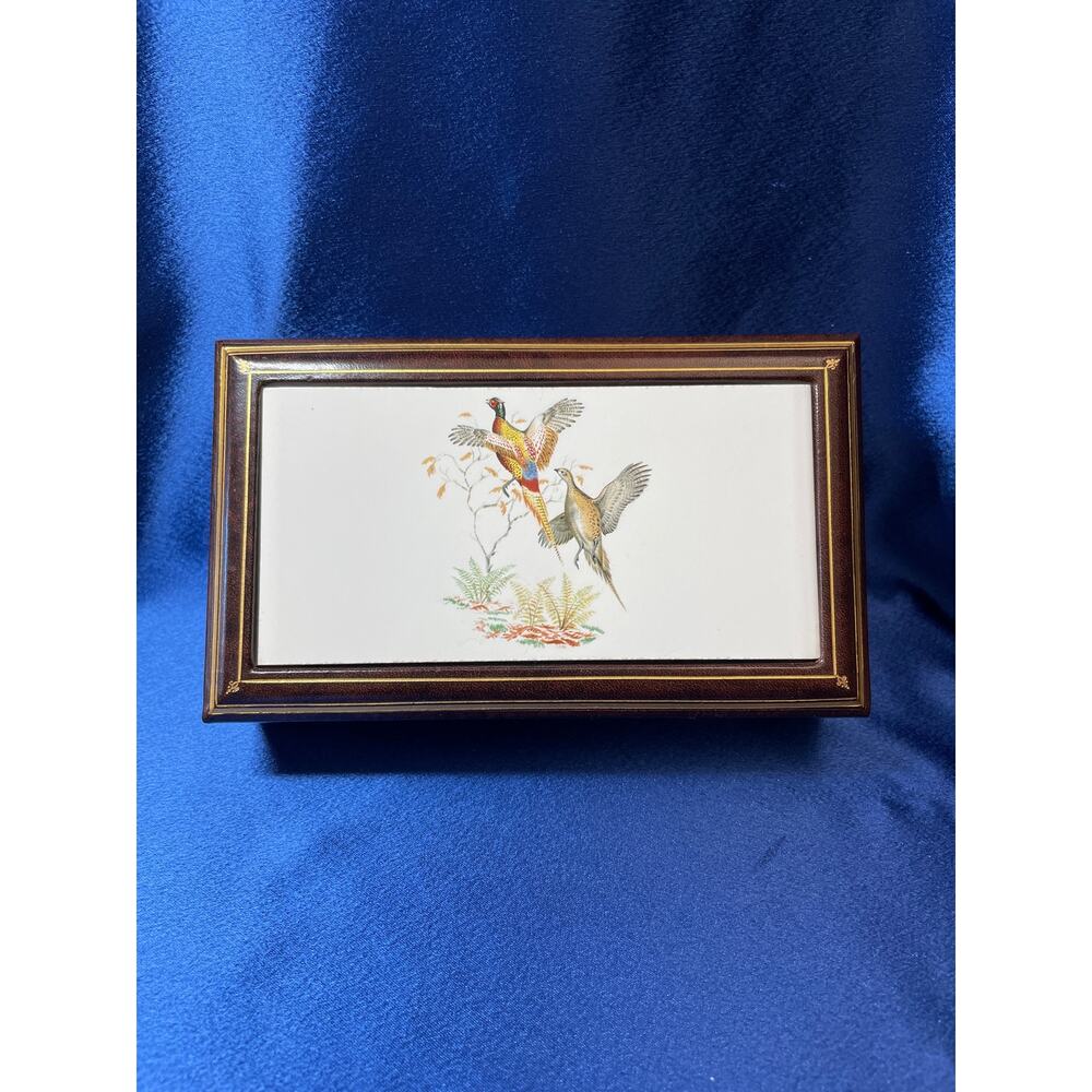 Vintage Wooden Keepsake Box Tile Lid with Pheasant Birds